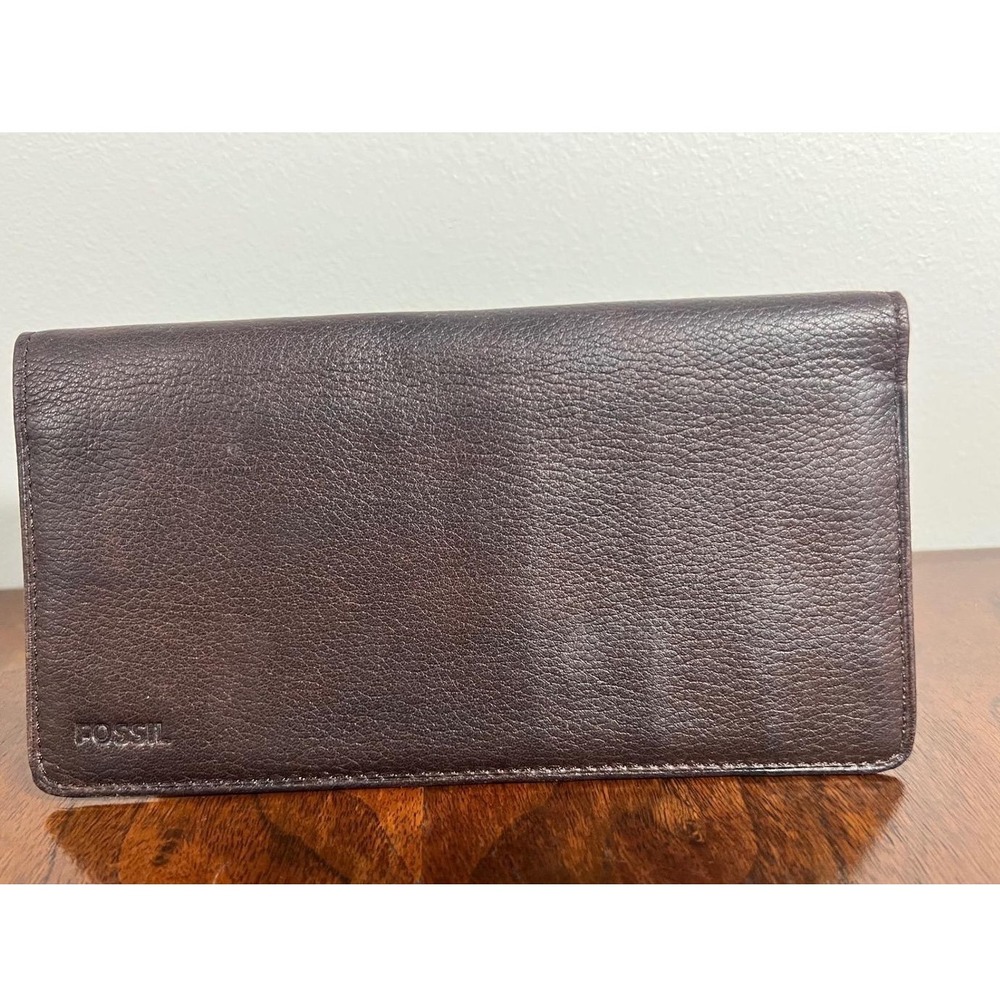 Fossil Long Bifold Wallet‎ Leather Slim Checkbook Case Dark Brown Vintage Retro